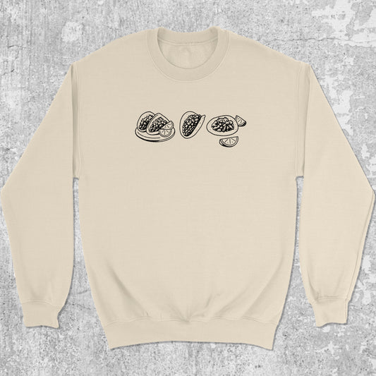Tacos graphic sweatshirt with bold and humorous print, warm and cozy graphic for everyday wear. Perfect gifts for friends and family. Natural pullover.
