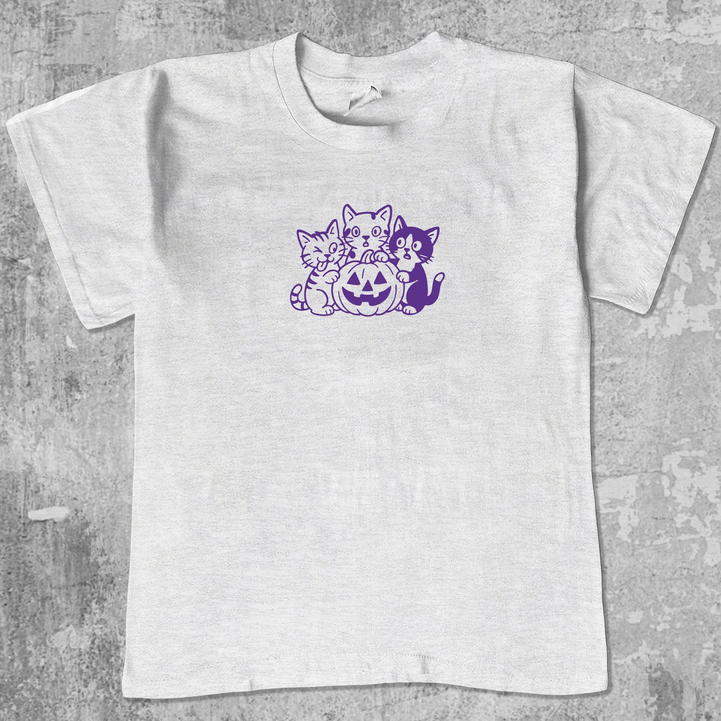 Halloween Kittens graphic tee with funny and cute halloween graphic, funny and trendy graphic. Perfect for adults and gift-giving. Ash Grey shirt.
