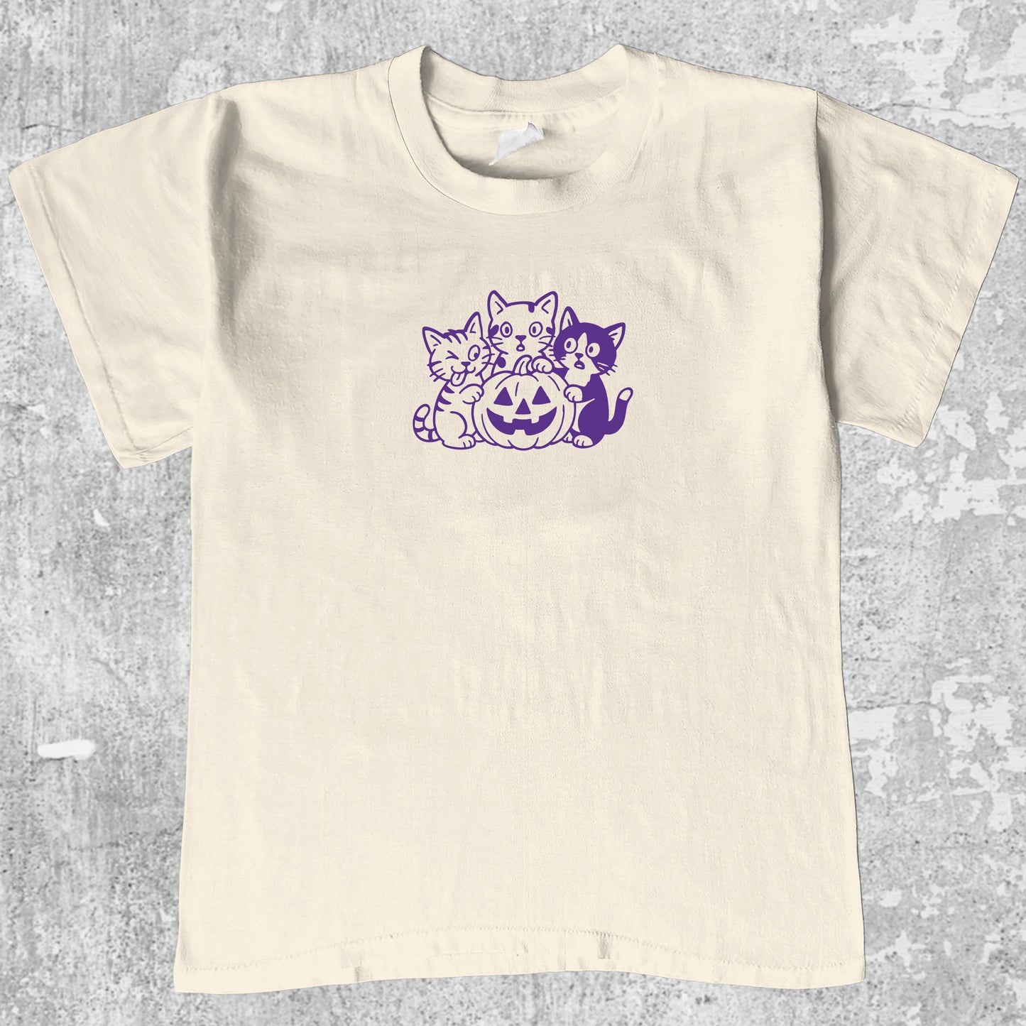 Halloween Kittens graphic tee with funny and cute halloween graphic, funny and trendy graphic. Perfect for adults and gift-giving. Cream shirt.