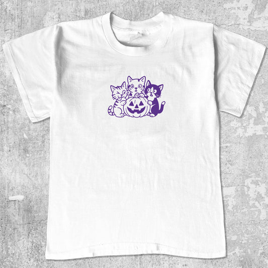 Halloween Kittens graphic tee with funny and cute halloween graphic, funny and trendy graphic. Perfect for adults and gift-giving. White shirt.
