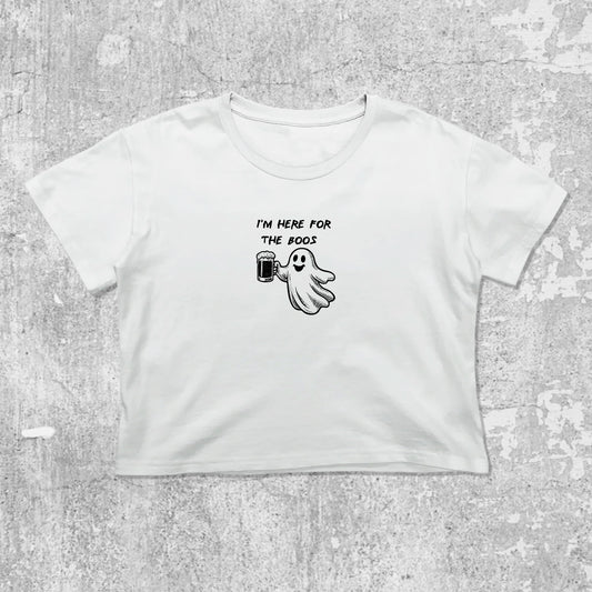 I'm Here For The Boos graphic crop tee with cute and trendy fit, featuring playful vintage graphic, stylish cut. White crop t-shirt