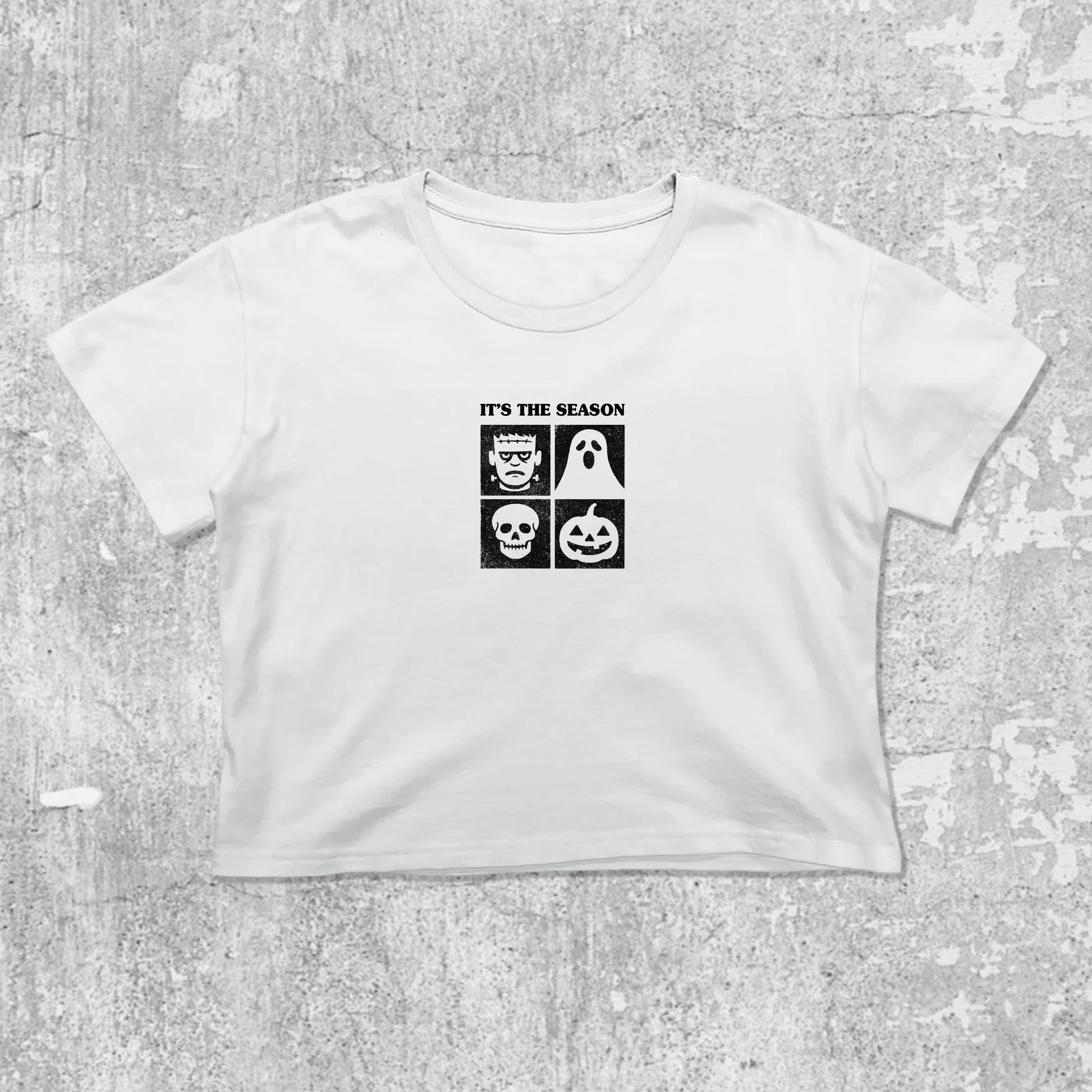 It's the season graphic crop tee with cute and trendy fit, featuring playful vintage graphic, stylish cut. White crop t-shirt