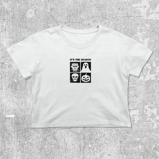 It's the season graphic crop tee with cute and trendy fit, featuring playful vintage graphic, stylish cut. White crop t-shirt