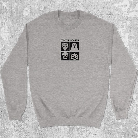 It's the season graphic sweatshirt with bold and humorous print, warm and cozy graphic for everyday wear. Perfect gifts for friends and family. Heather Grey pullover.