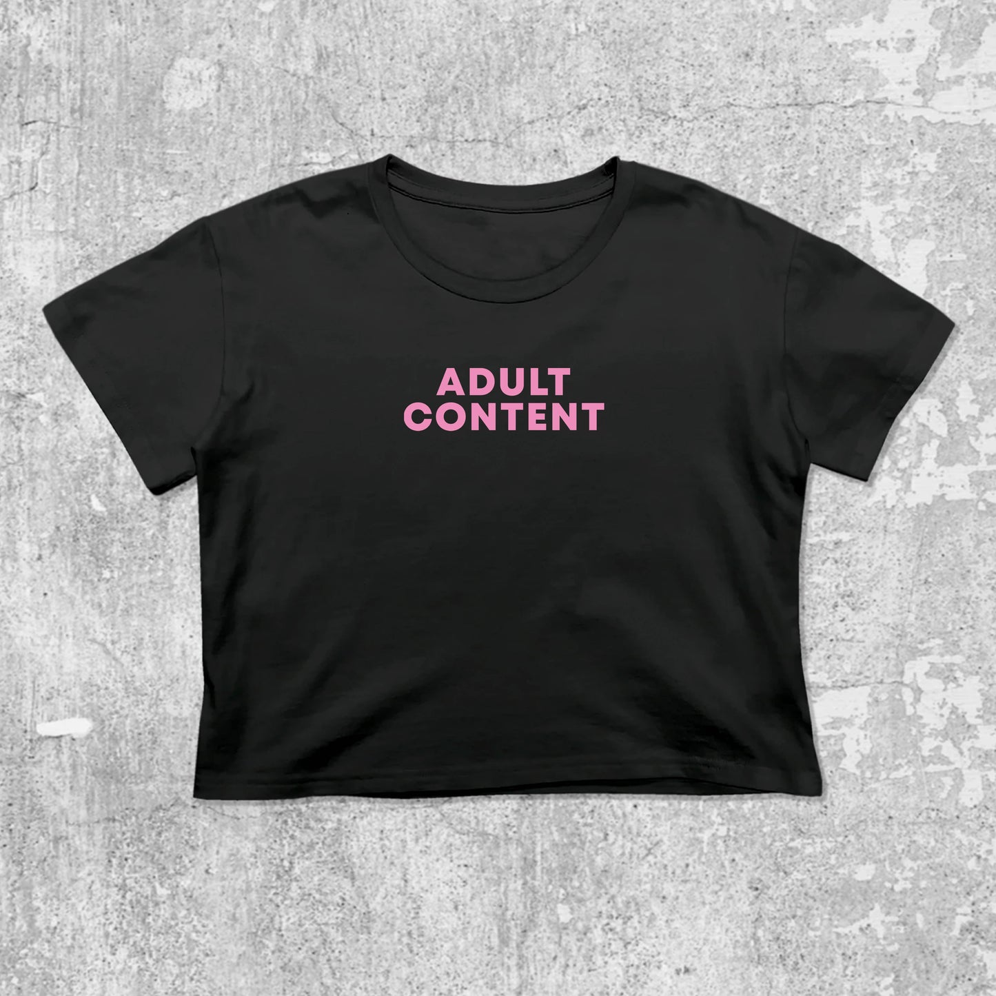 Adult Content graphic crop tee with cute and trendy fit, featuring playful vintage graphic, stylish cut. Black crop t-shirt
