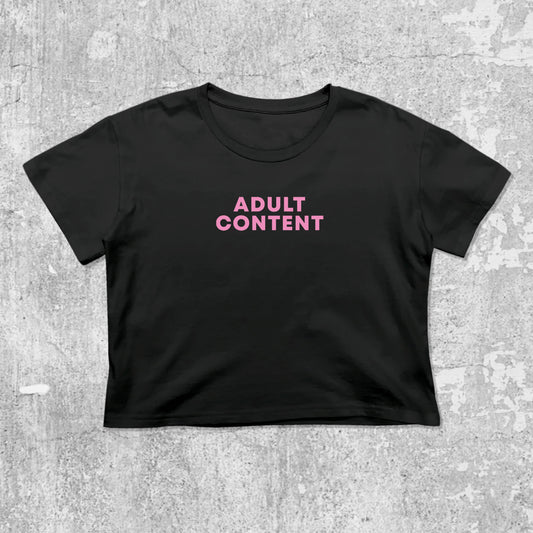 Adult Content graphic crop tee with cute and trendy fit, featuring playful vintage graphic, stylish cut. Black crop t-shirt