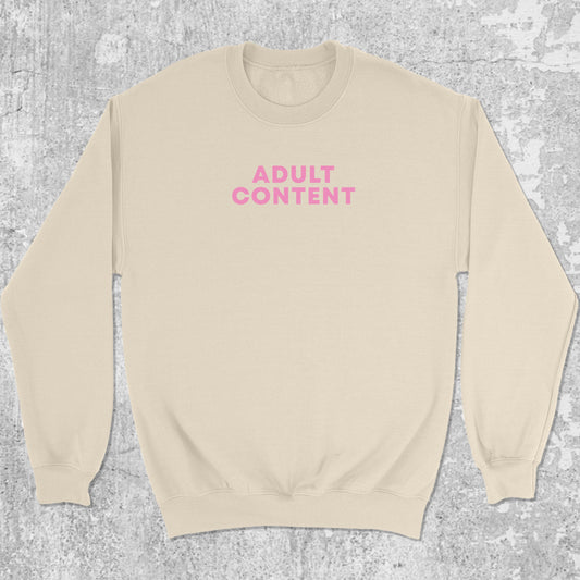 Adult Content graphic sweatshirt with bold and humorous print, warm and cozy graphic for everyday wear. Perfect for Christmas gifts for friends and family. Natural pullover.