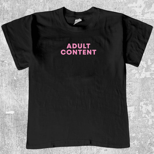 Adult Content graphic tee with bold and humorous print, funny and trendy graphic. Perfect for Christmas gifts for friends and family. Black shirt.
