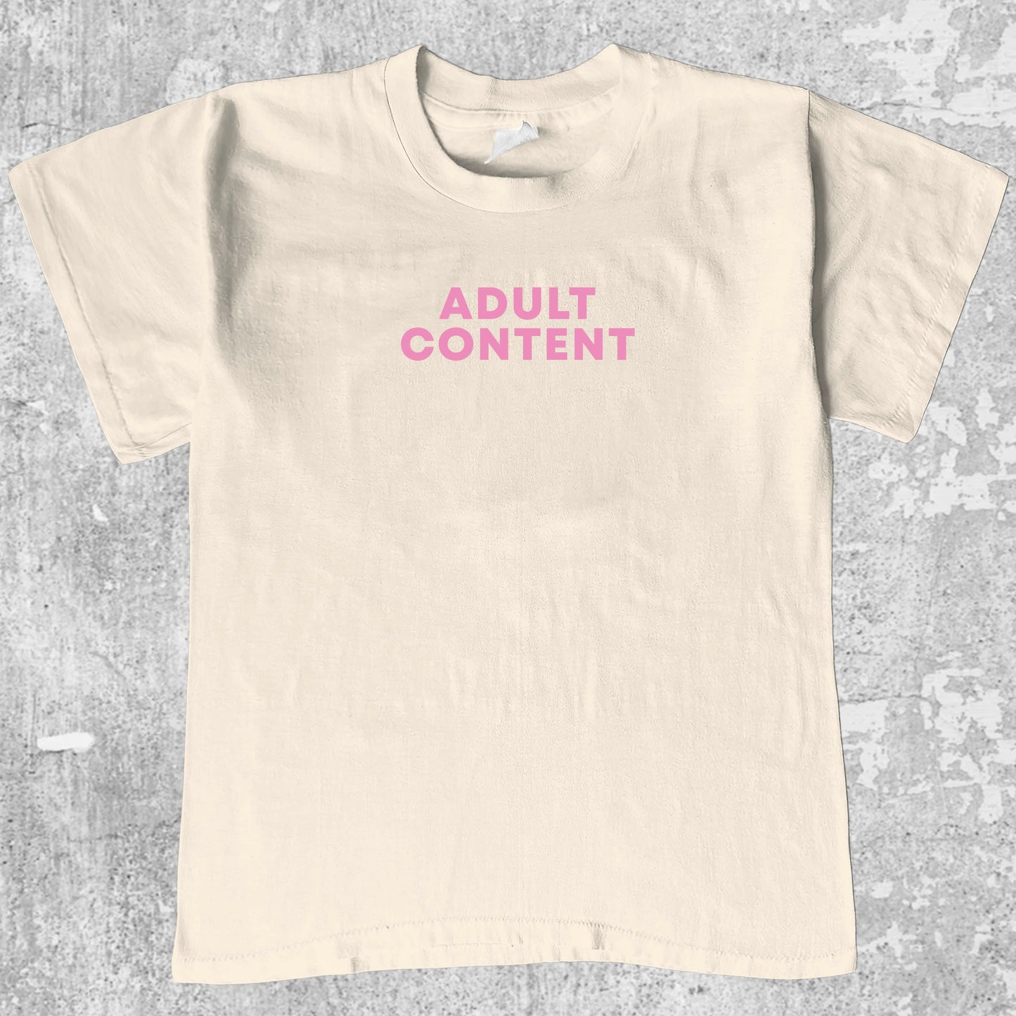 Adult Content graphic tee with bold and humorous print, funny and trendy graphic. Perfect for Christmas gifts for friends and family. Cream shirt.