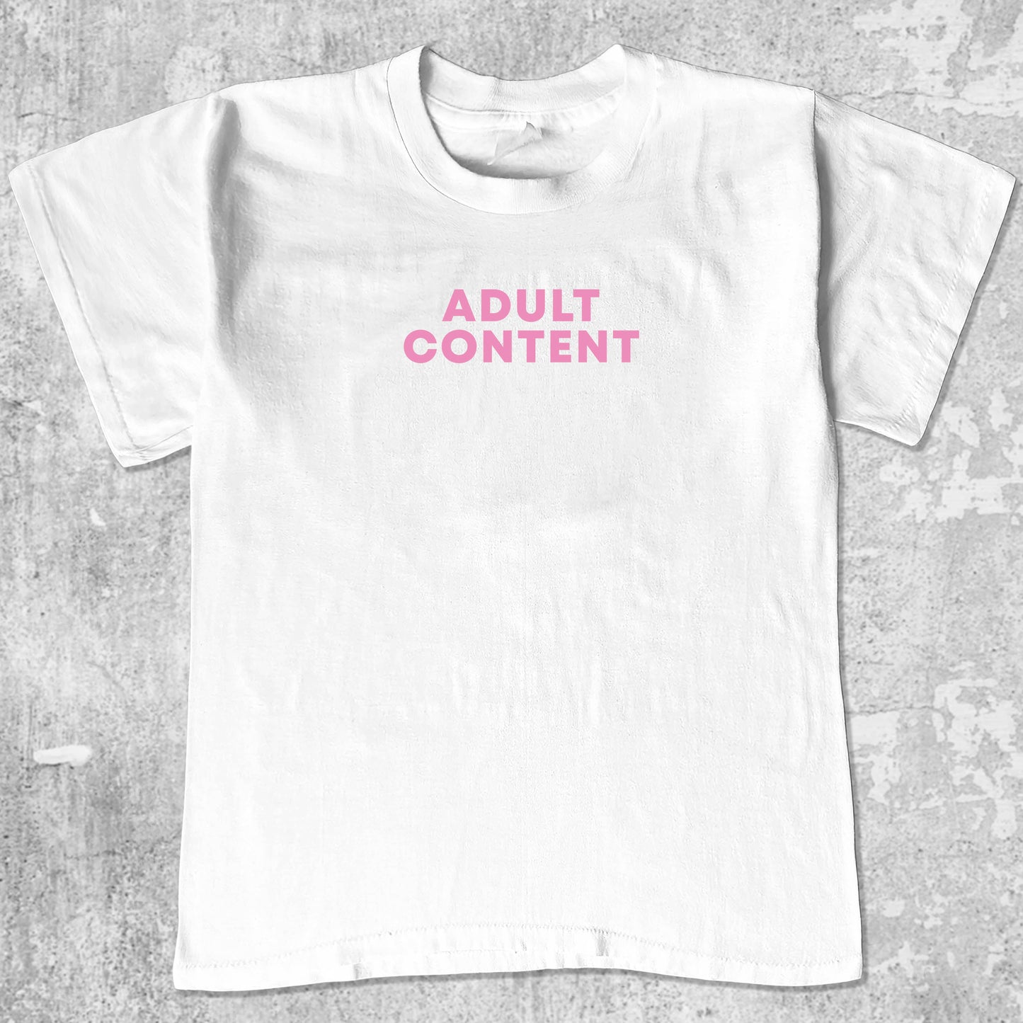 Adult Content graphic tee with bold and humorous print, funny and trendy graphic. Perfect for Christmas gifts for friends and family. White shirt.