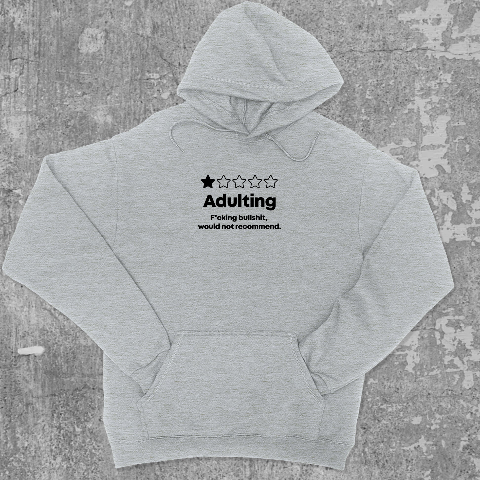 Adulting graphic hoodie with funny and trendy artwork, casual streetwear with bold personality. Great for adults and gifting. Heather Grey hoodie.