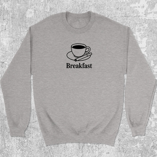 Breakfast graphic sweatshirt with cute and humorous print, warm and cozy graphic for everyday wear. Perfect for friends. Heather Grey pullover.