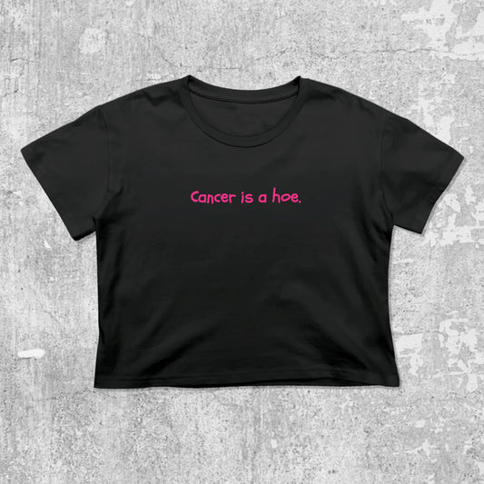 Cancer Is A Hoe graphic crop tee with cute and trendy fit, featuring playful vintage graphic, stylish cut. Black crop t-shirt
