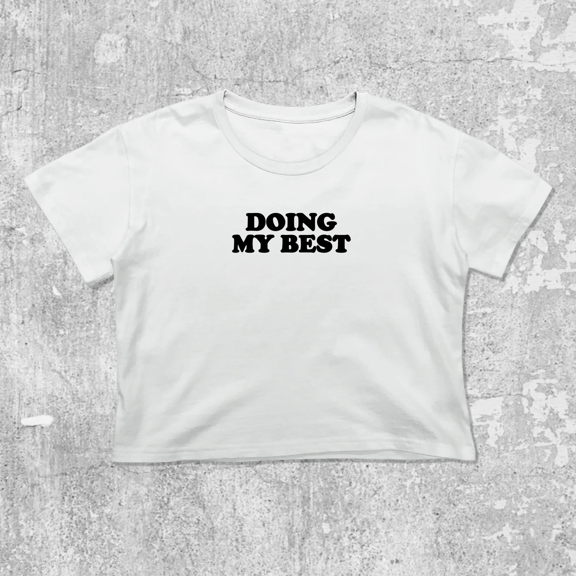 Doing My Best graphic crop tee with cute and trendy fit, featuring playful vintage graphic, stylish cut. White crop t-shirt