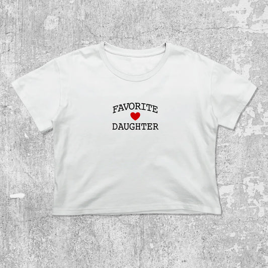 Favorite Daughter graphic crop tee with cute and trendy fit, featuring playful vintage graphic, stylish cut. White crop t-shirt