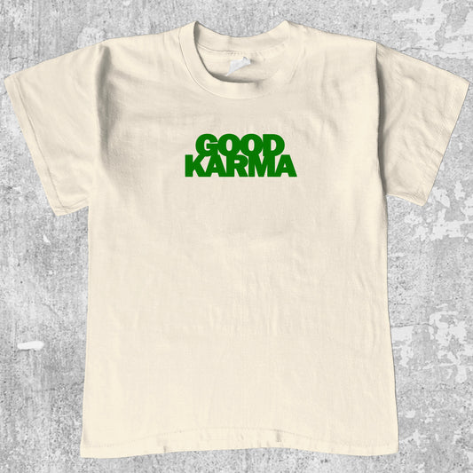 GOOD KARMA graphic tee with bold and humorous print, funny and trendy graphic. Perfect for friends. Cream shirt.