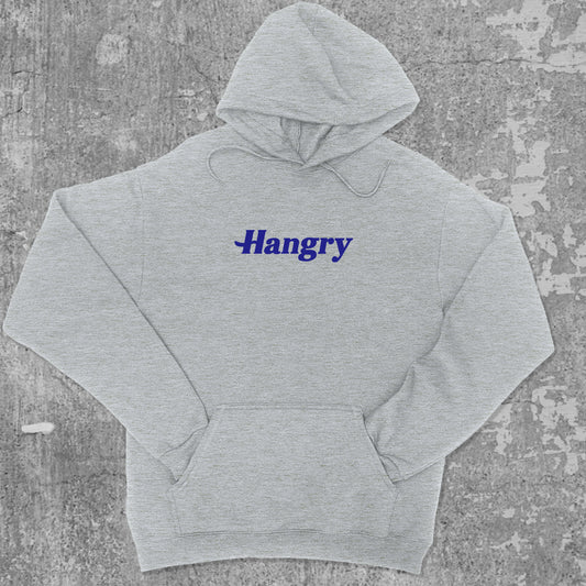 Hangry graphic hoodie with funny and trendy artwork, casual streetwear with bold personality. Great for adults and gifting. Heather Grey hoodie.