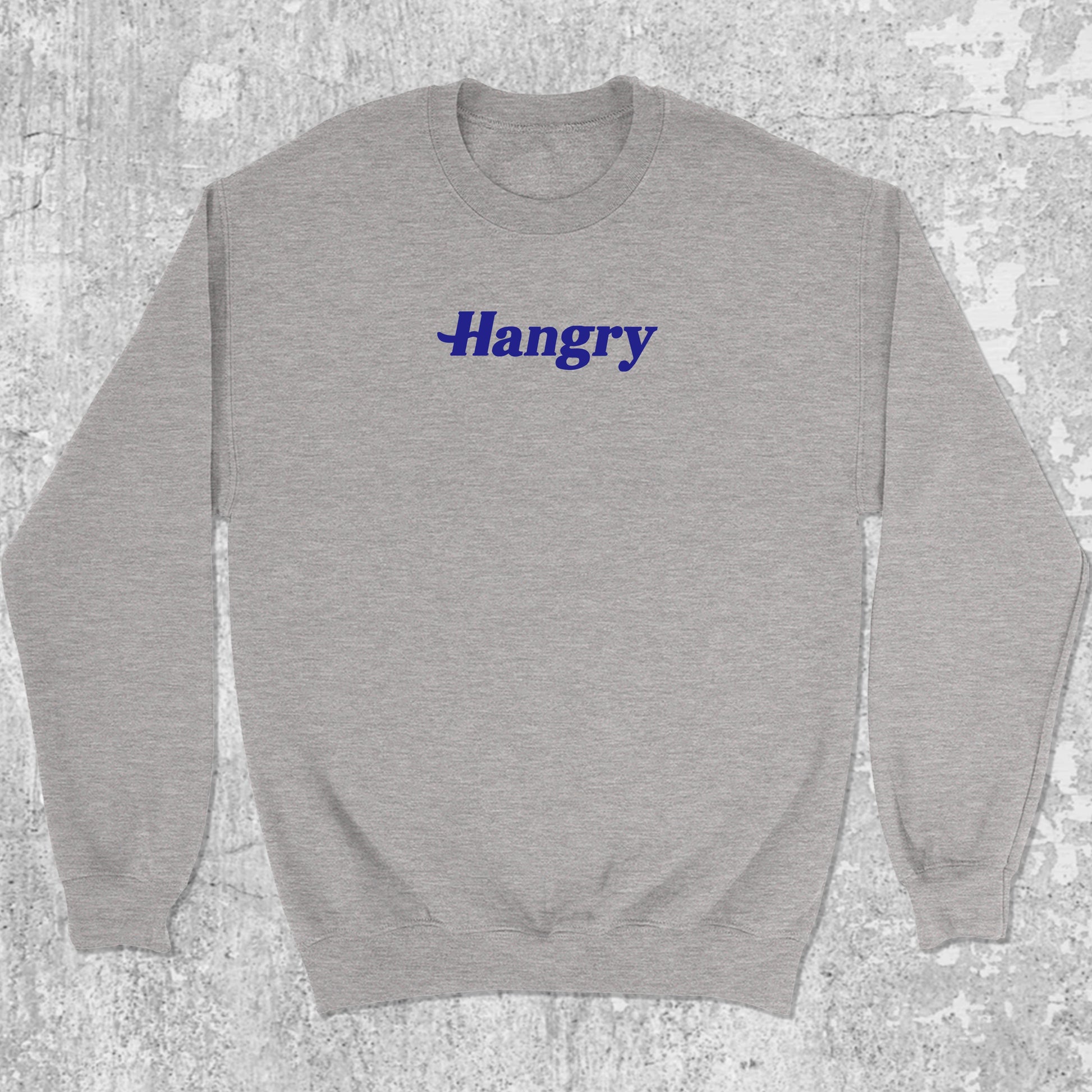 Hangry graphic sweatshirt with cute and humorous print, warm and cozy graphic for everyday wear. Perfect for friends. Heather Grey pullover.