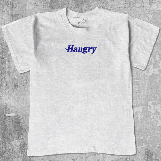 Hangry graphic tee with cute and humorous print, funny and Vintage graphic. Perfect for friends. Ash Grey shirt.
