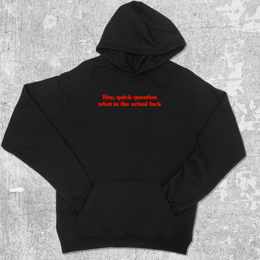 Hey quick question what in the actual fuck graphic hoodie with funny and trendy artwork, casual streetwear with bold personality. Great for adults and gifting. Black hoodie.