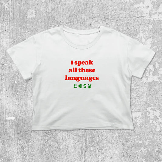 I speak all these languages graphic crop tee with cute and trendy fit, featuring playful vintage graphic, stylish cut. White crop t-shirt