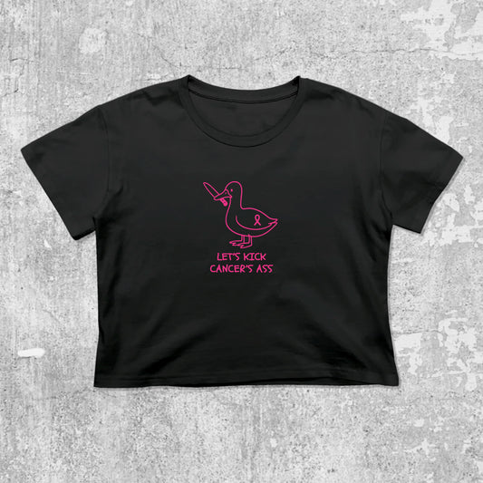 Let's Kick Cancers Ass graphic crop tee with cute and trendy fit, featuring playful vintage graphic, stylish cut. Black crop t-shirt