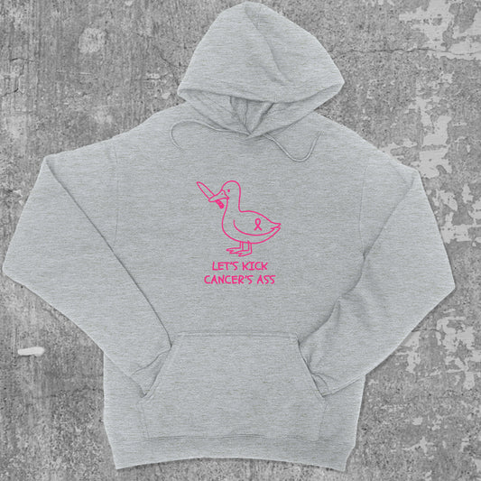 Let's Kick Cancers Ass graphic hoodie with funny and trendy artwork, casual streetwear with bold personality. Great for adults and gifting. Heather Grey hoodie.