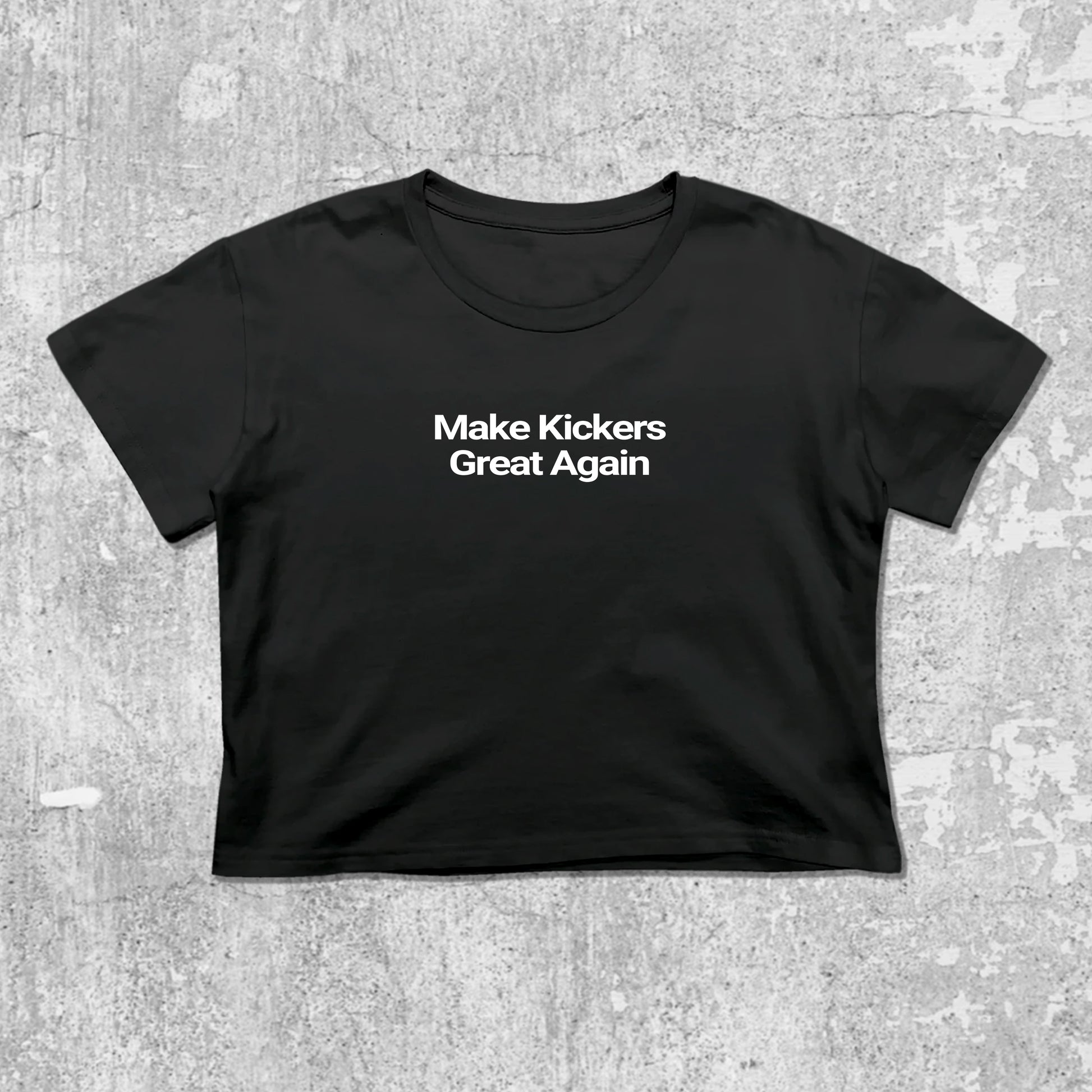 Make Kickers Great Again graphic crop tee with cute and trendy fit, featuring playful vintage graphic, stylish cut. Black crop t-shirt