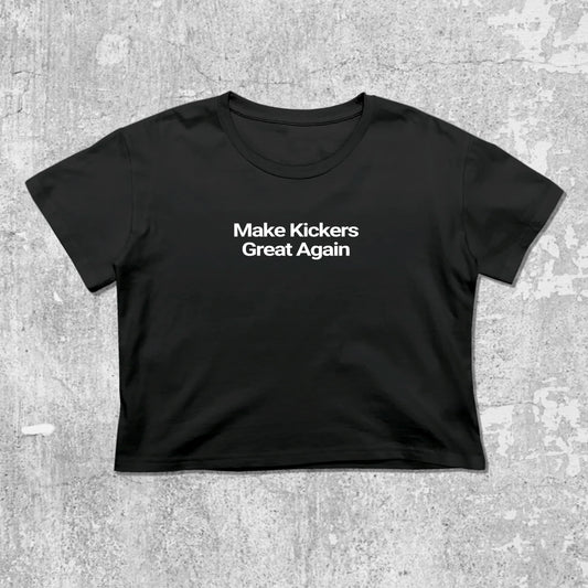 Make Kickers Great Again graphic crop tee with cute and trendy fit, featuring playful vintage graphic, stylish cut. Black crop t-shirt