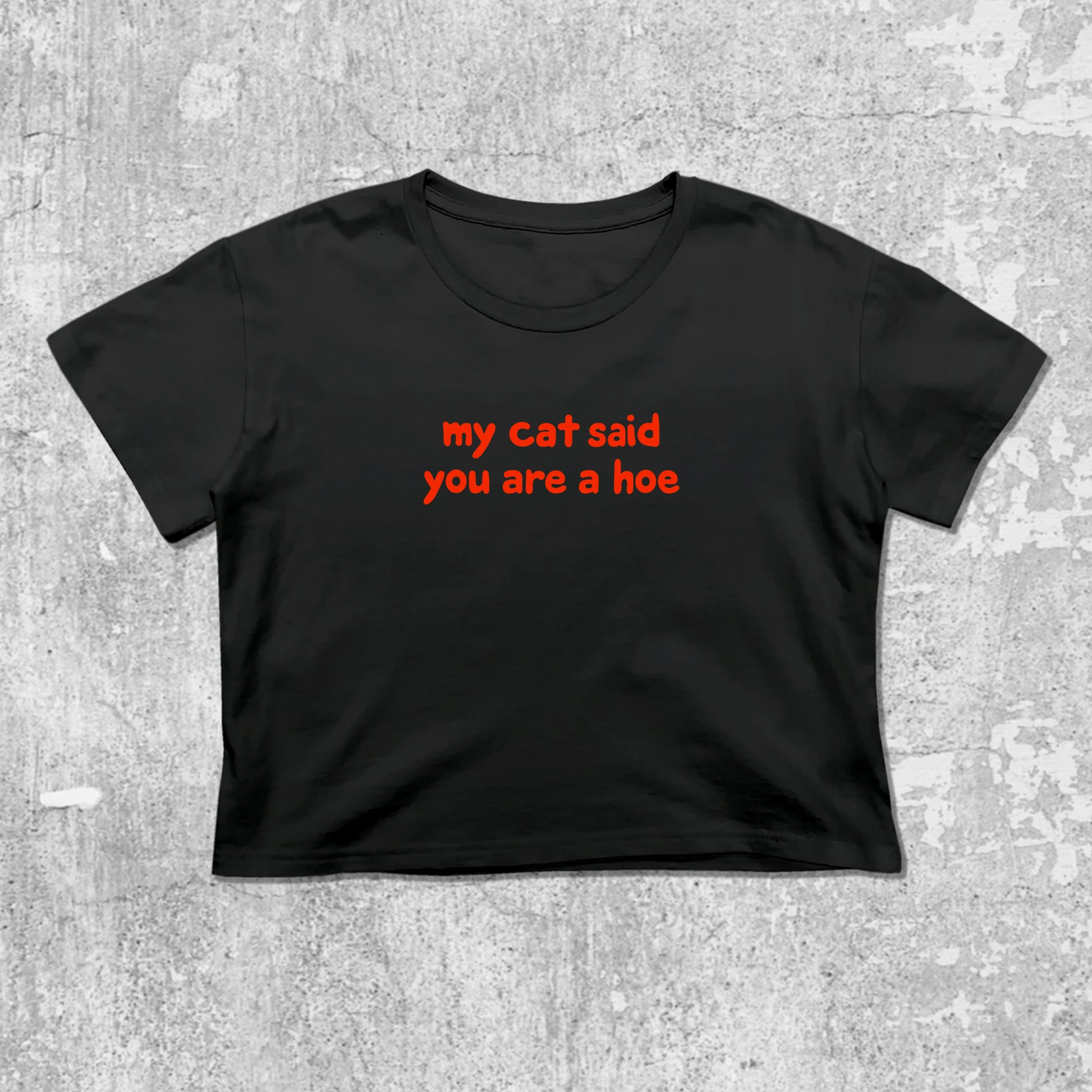 My Cat Said You Are A Hoe graphic crop tee with cute and trendy fit, featuring playful vintage graphic, stylish cut. Black crop t-shirt