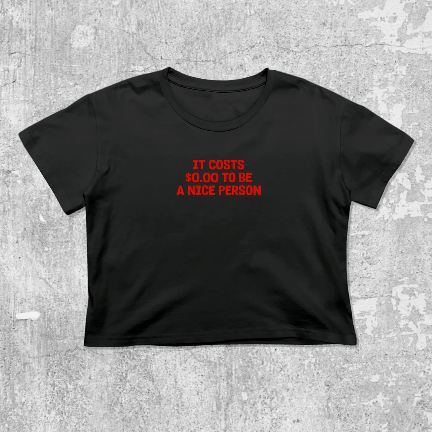 Nice Person graphic crop tee with cute and trendy fit, featuring playful vintage graphic, stylish cut. Black crop t-shirt
