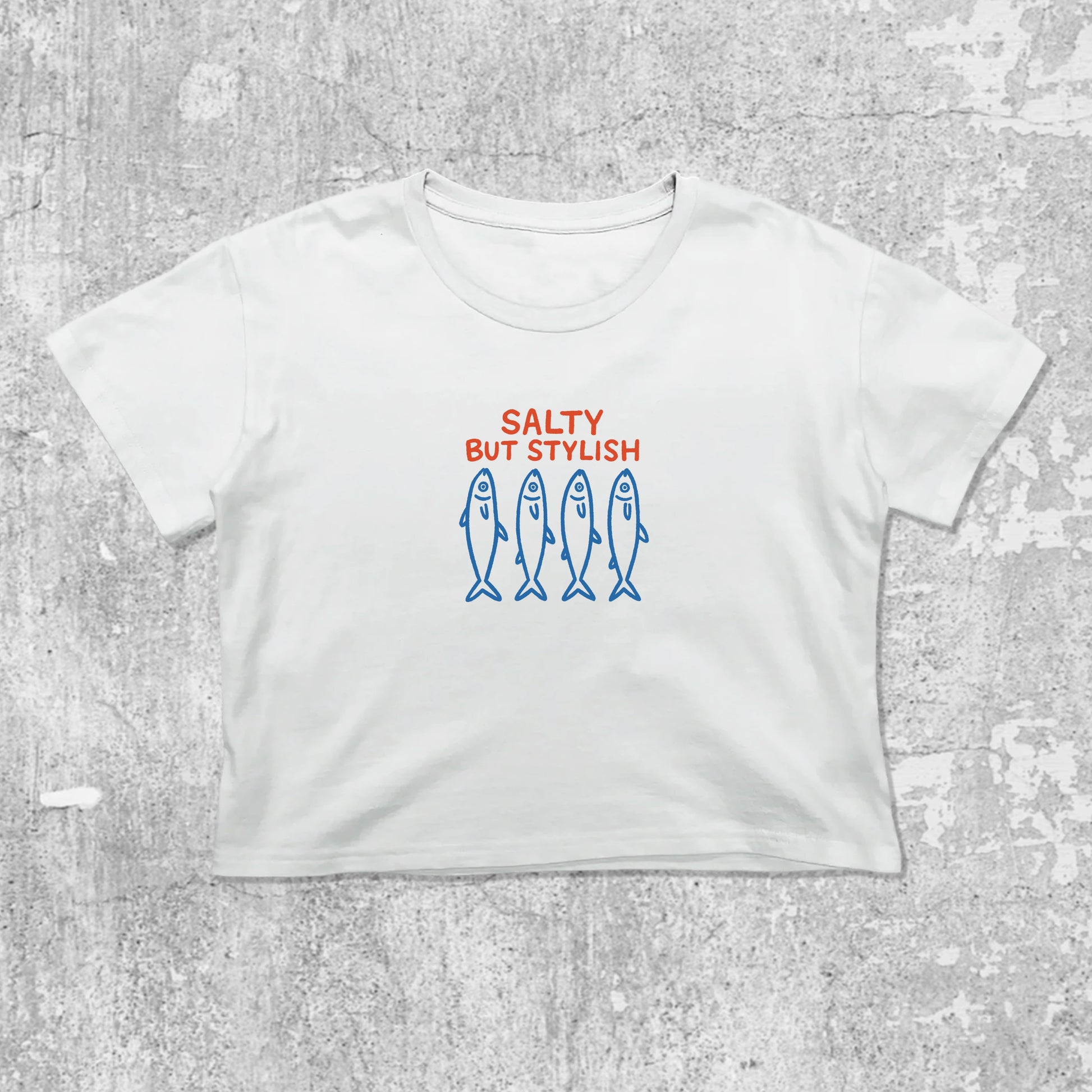 Salty But Stylish graphic crop tee with cute and trendy fit, featuring playful vintage graphic, stylish cut. White crop t-shirt