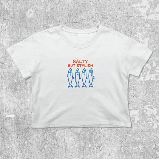 Salty But Stylish graphic crop tee with cute and trendy fit, featuring playful vintage graphic, stylish cut. White crop t-shirt
