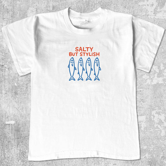 Salty But Stylish graphic tee withfish market graphic, funny and simple graphic. Perfect gifts for family and friends. White shirt.