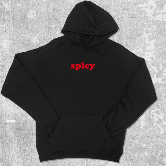 Spicy graphic hoodie with funny and trendy artwork, casual streetwear with bold personality. Great for adults and gifting. Black hoodie.
