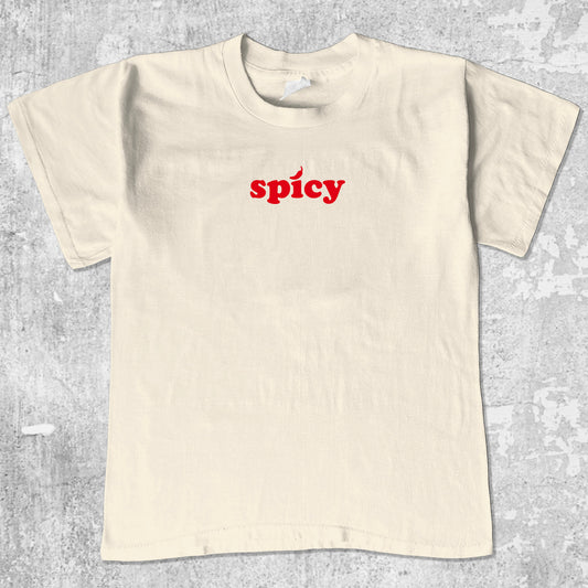 Spicy graphic tee with bold and humorous print, funny and trendy graphic. Perfect for adults and gift-giving. Cream shirt.
