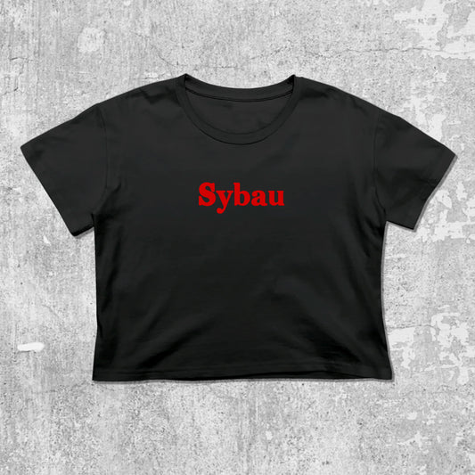Sybau graphic crop tee with cute and trendy fit, featuring playful vintage graphic, stylish cut. Black crop t-shirt