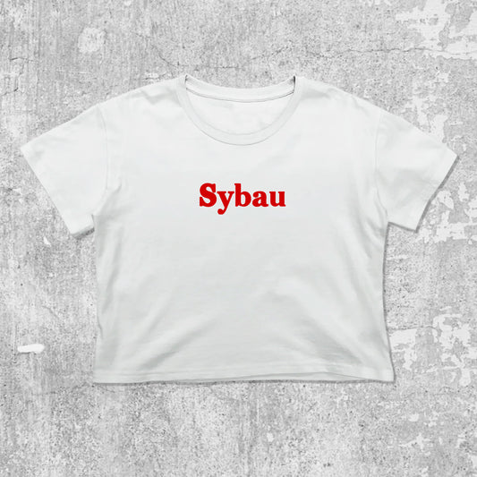 Sybau graphic crop tee with cute and trendy fit, featuring playful vintage graphic, stylish cut. White crop t-shirt