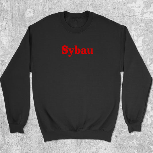 Sybau graphic sweatshirt with bold and humorous print, warm and cozy graphic for everyday wear. Perfect for adults and gift-giving. Black pullover.