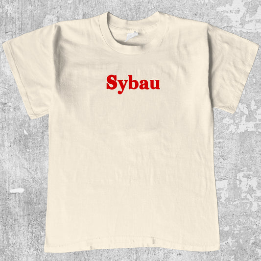 Sybau graphic tee with bold and humorous print, funny and trendy graphic. Perfect for adults and gift-giving. Cream shirt.