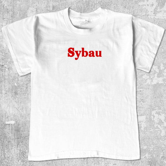 Sybau graphic tee with bold and humorous print, funny and trendy graphic. Perfect for adults and gift-giving. White shirt.