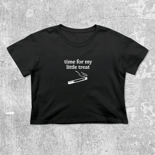Time For My Little Treat graphic crop tee with cute and trendy fit, featuring playful vintage graphic, stylish cut. Black crop t-shirt