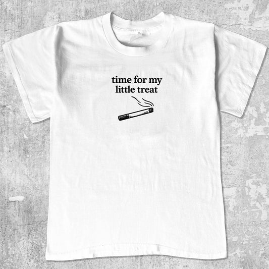Time For My Little Treat graphic tee retro and funny graphic, funny and trendy graphic. Perfect for adults and gift-giving. White shirt.