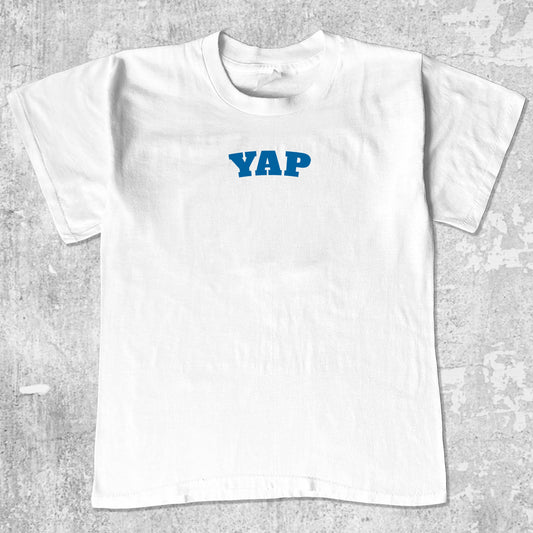 Yap graphic tee with bold and humorous print, funny and trendy graphic. Perfect for adults and gift-giving. White shirt.