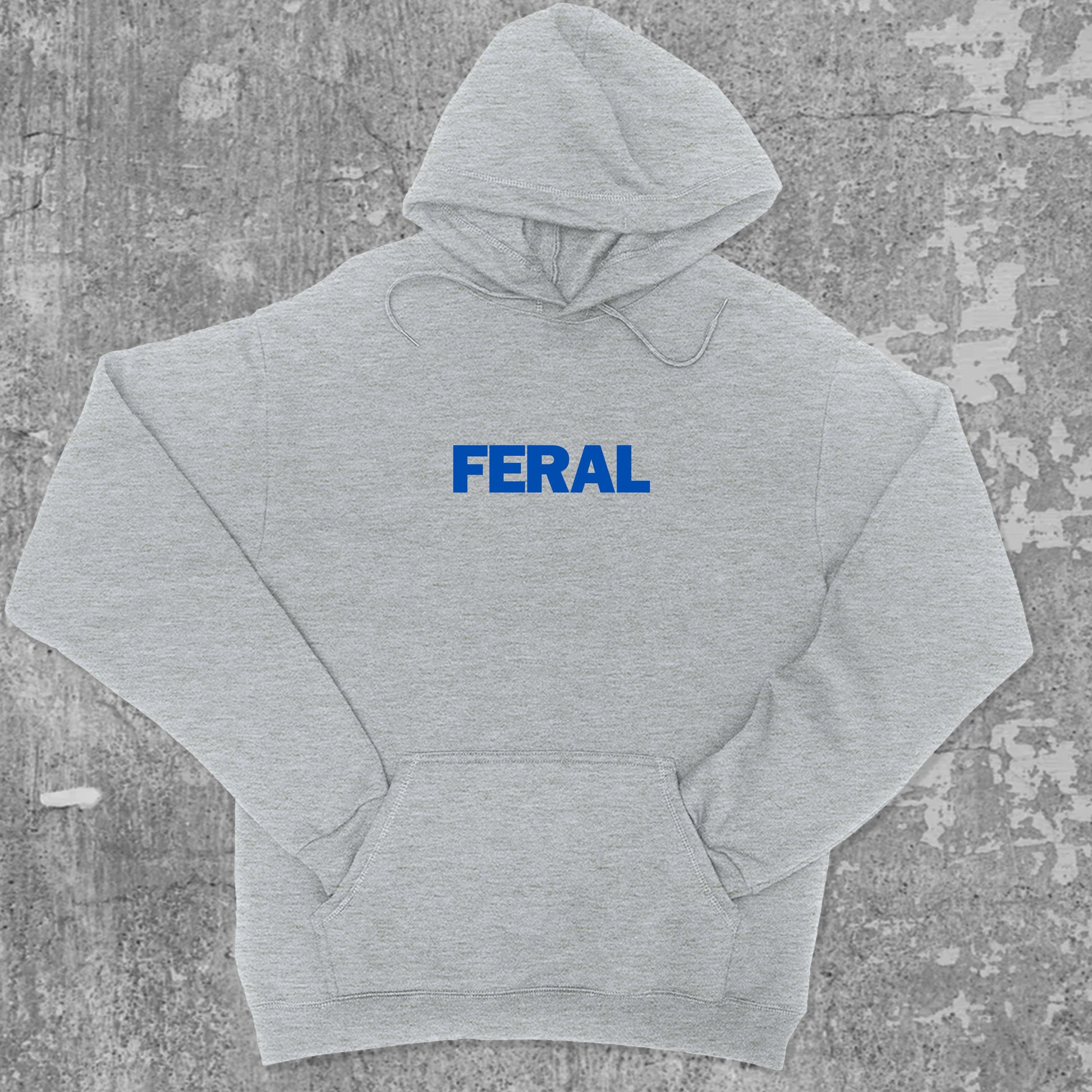 Feral graphic hoodie with funny and trendy artwork, casual streetwear with bold personality. Great for adults and gifting. Heather Grey hoodie.