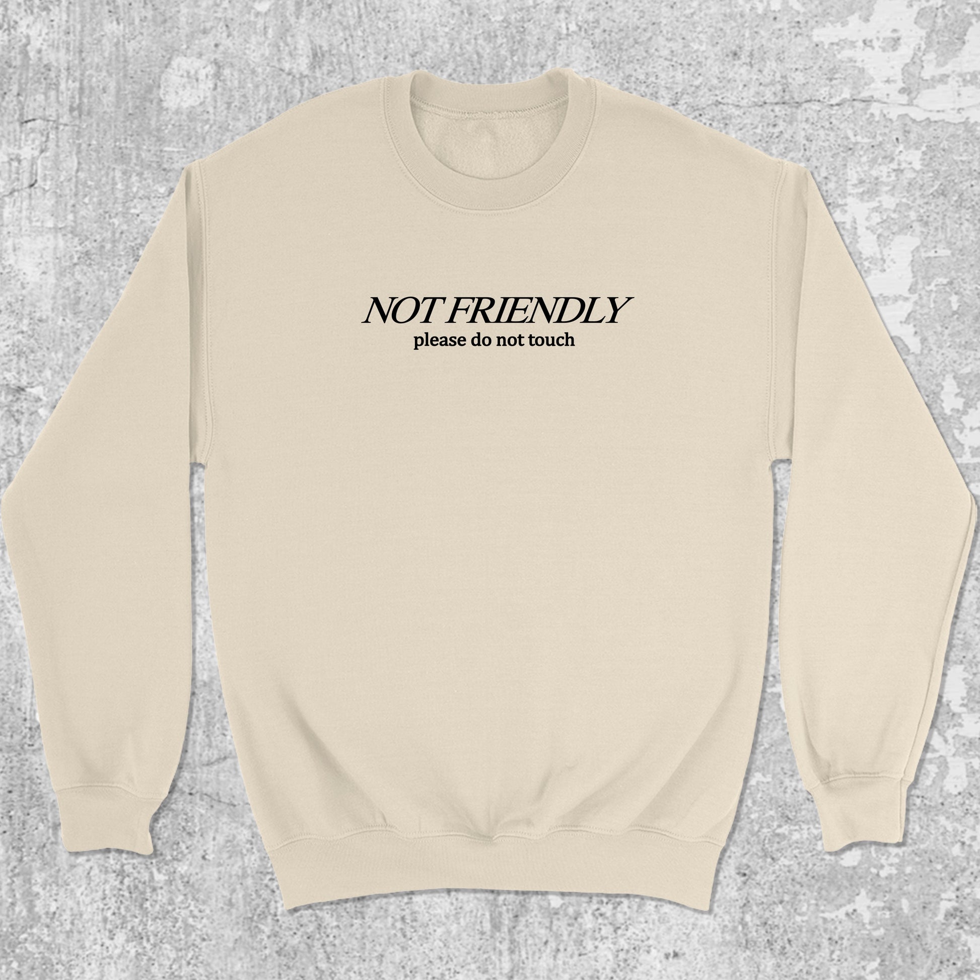 Not Friendly Please Do Not Touch graphic sweatshirt with bold and humorous print, warm and cozy graphic for everyday wear. Perfect for Christmas gifts for friends and family. Natural pullover.