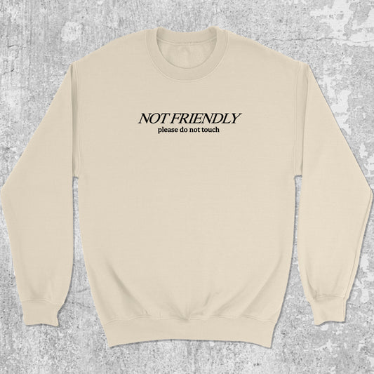 Not Friendly Please Do Not Touch graphic sweatshirt with bold and humorous print, warm and cozy graphic for everyday wear. Perfect for Christmas gifts for friends and family. Natural pullover.