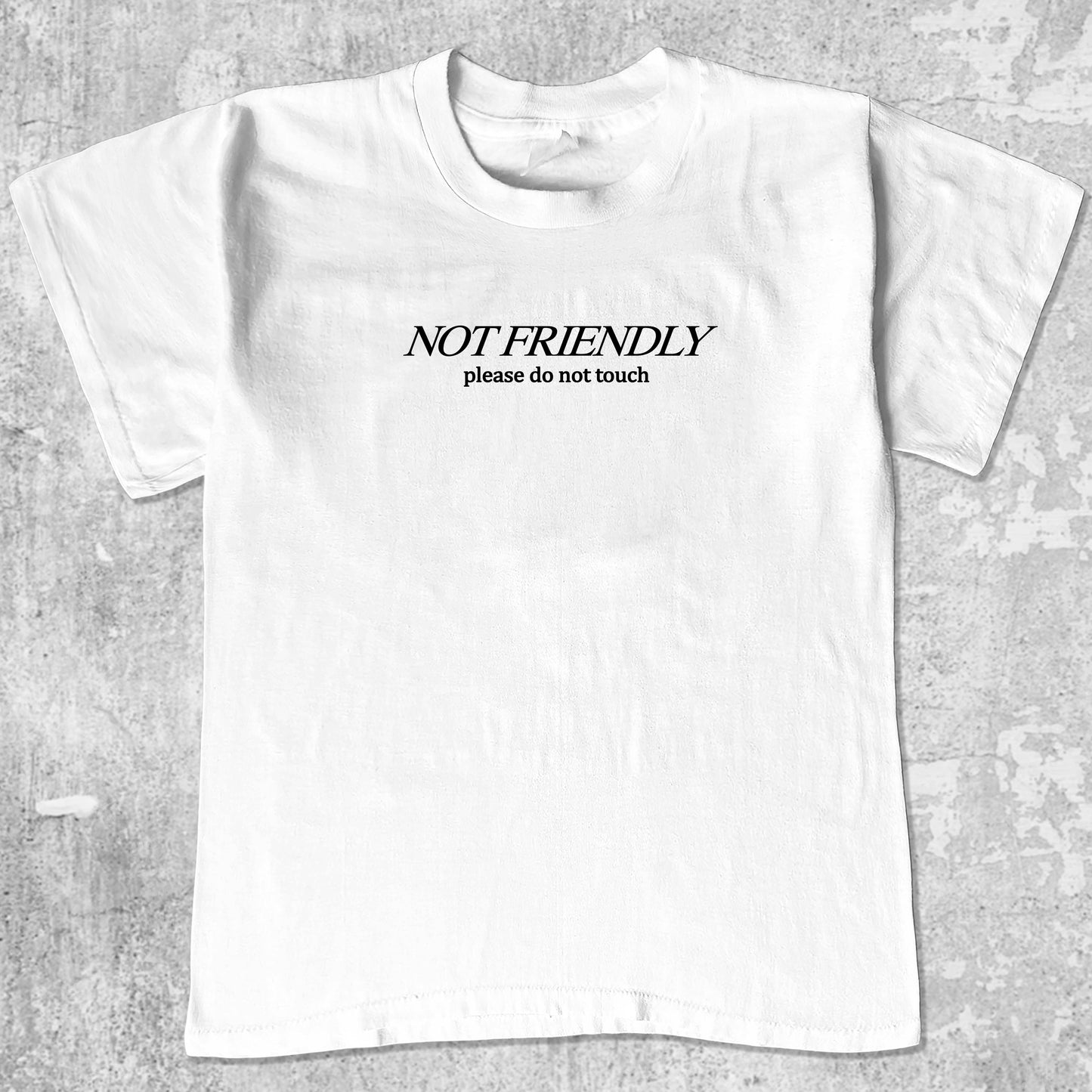 Not Friendly Please Do Not Touch graphic tee with bold and humorous print, funny and trendy graphic. Perfect for Christmas gifts for friends and family. White shirt.