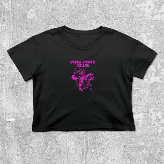 Pink Pony Club graphic crop tee with cute and trendy fit, featuring playful vintage graphic, stylish cut. Black crop t-shirt