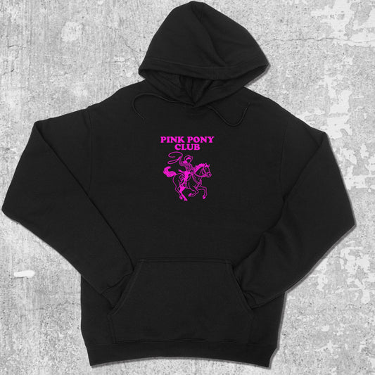 Pink Pony Club graphic hoodie with funny and trendy artwork, casual streetwear with bold personality. Great for adults and gifting. Black hoodie.